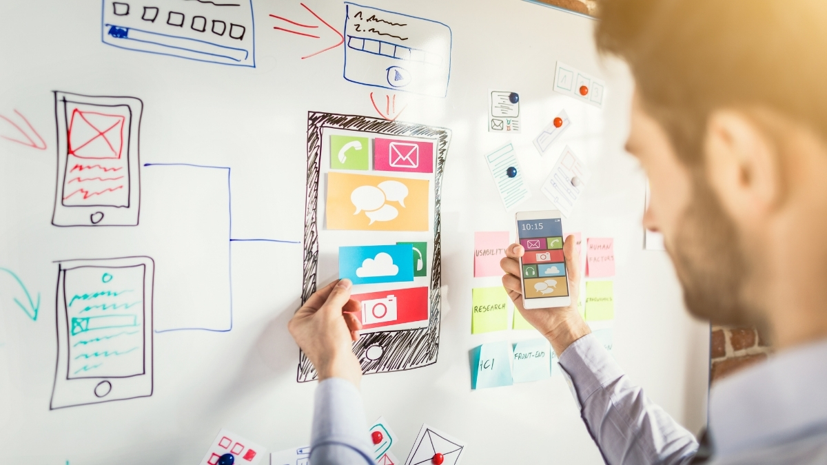 A person interacting with a smartphone and design elements on a whiteboard