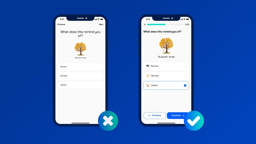 Two mobile screens displaying a quiz about autumn trees