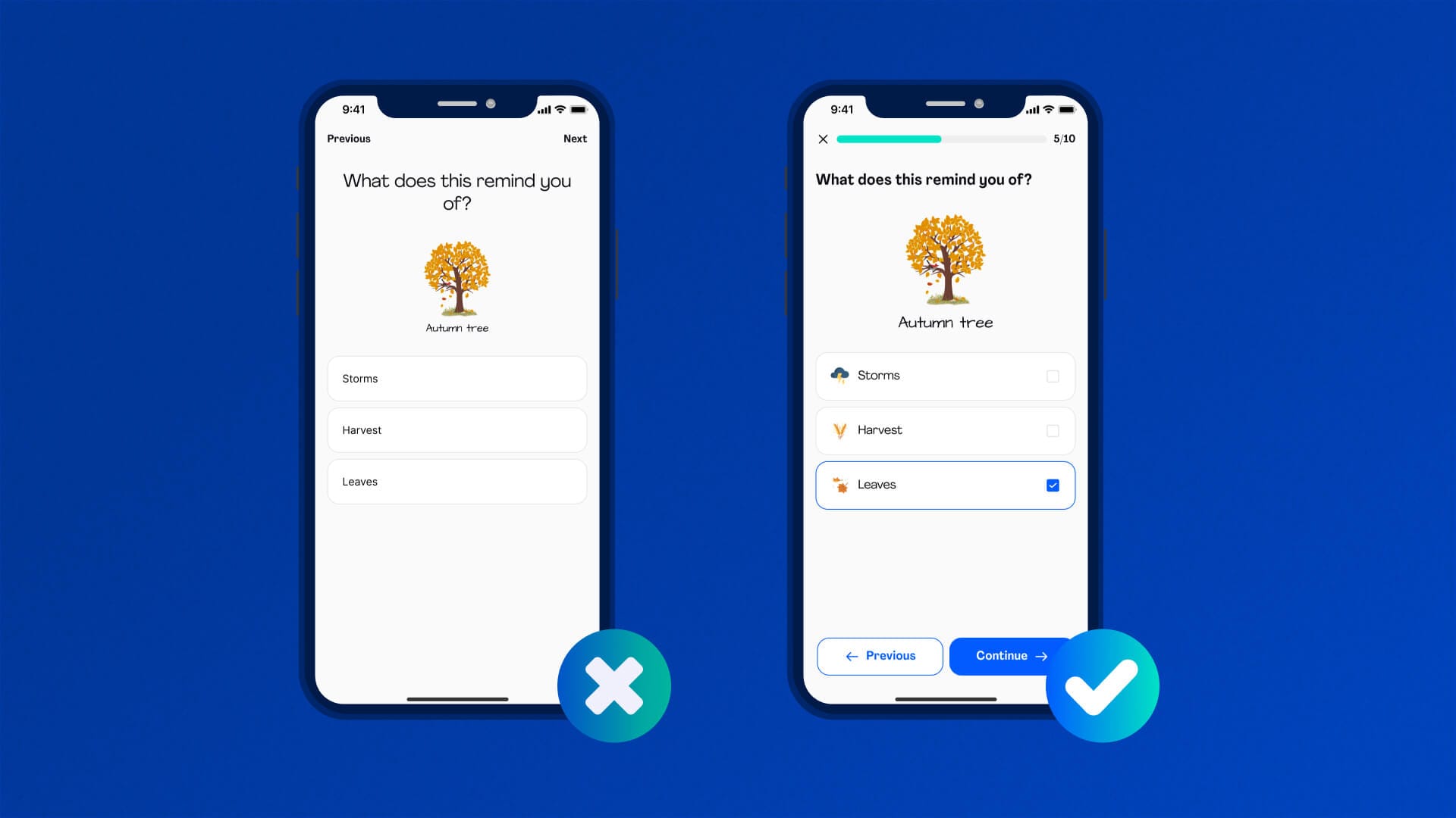 Two mobile screens displaying a quiz about autumn trees