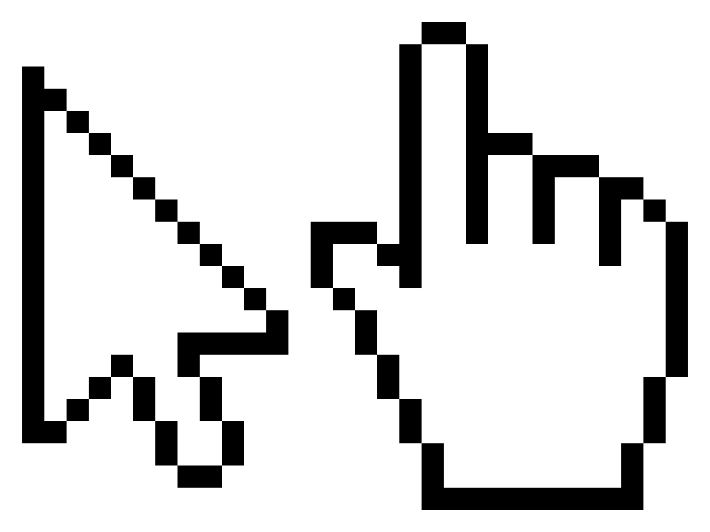 White cursor and hand icons on a black background