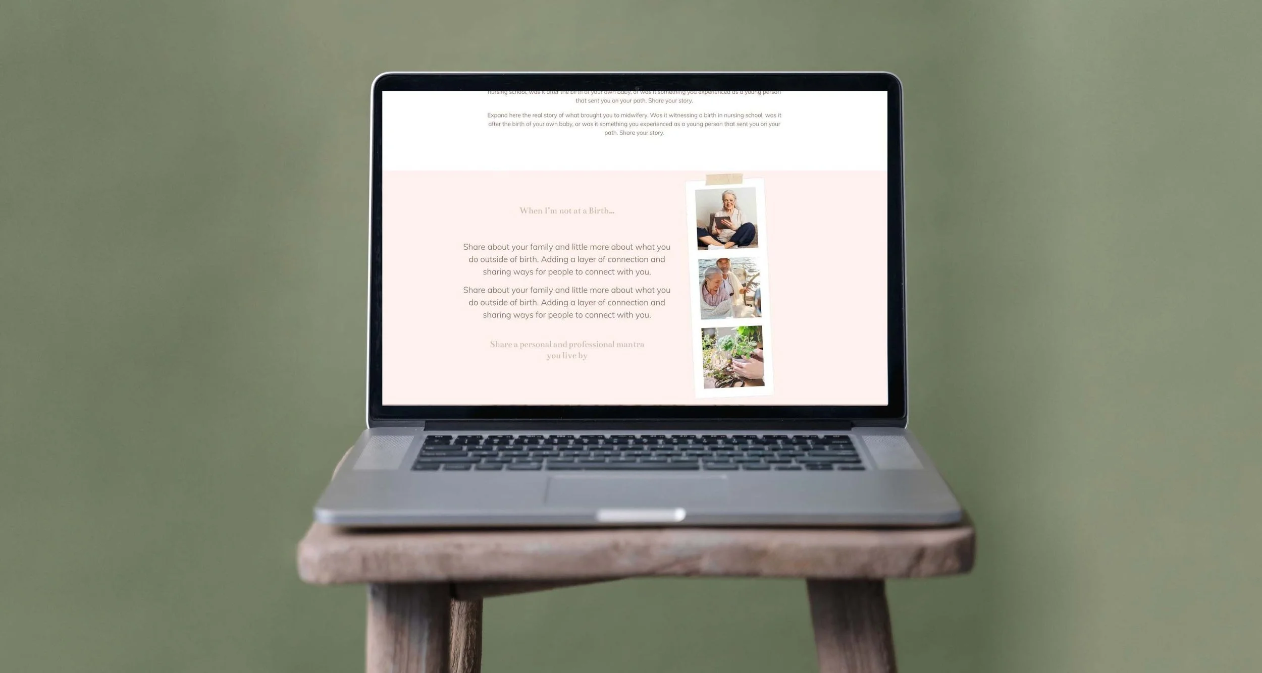 A laptop displaying a welcoming website design on a wooden stool