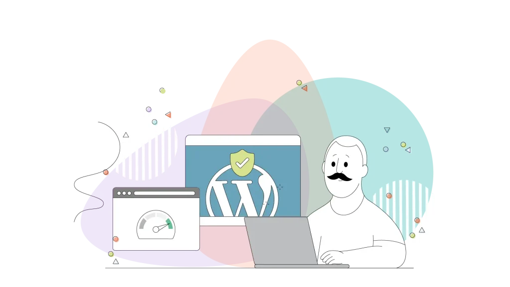 A person working on a laptop with WordPress graphics in the background
