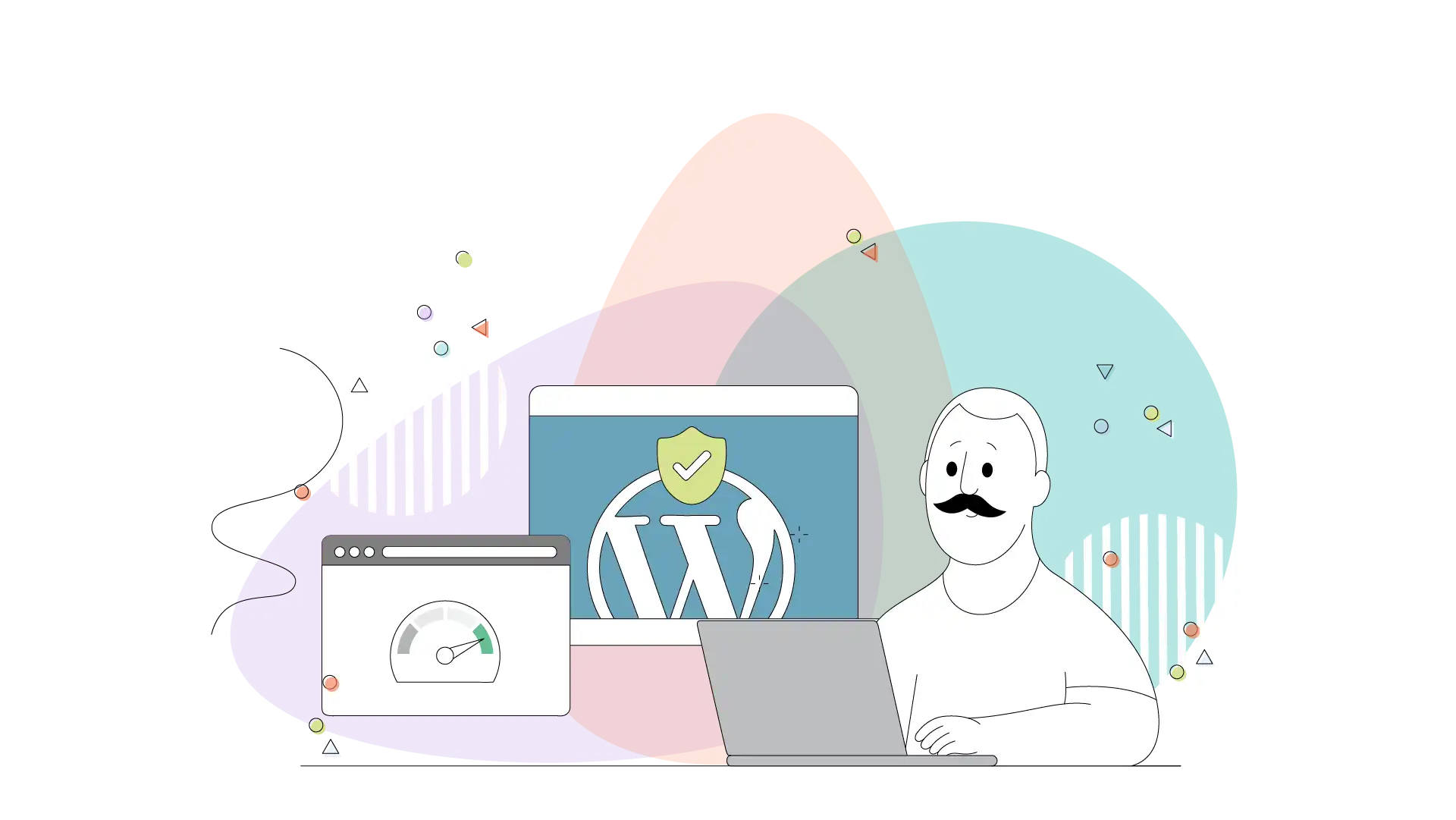 A person working on a laptop with WordPress graphics in the background