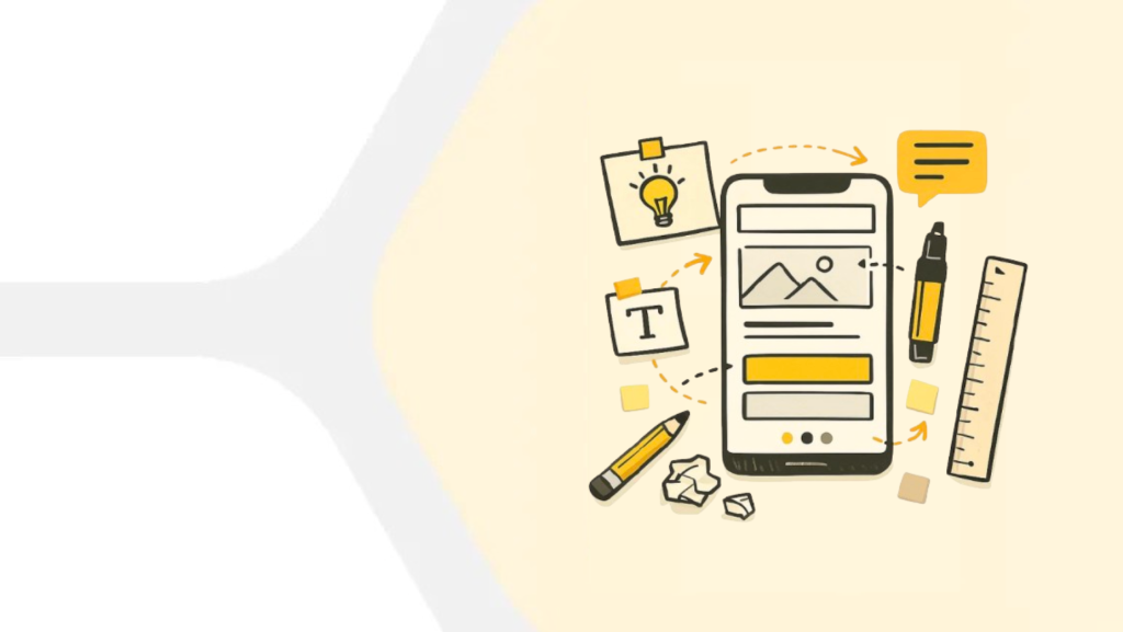 Illustration of a smartphone with design elements and tools around it