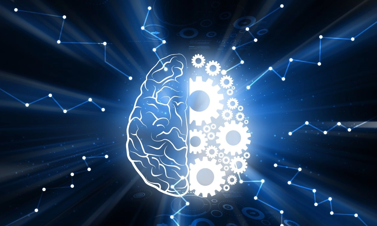 AI seo companies A brain illustration with gears and digital elements in blue light
